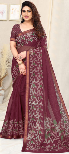 Red and Maroon color Saree in Blended Cotton fabric with Floral, Printed work