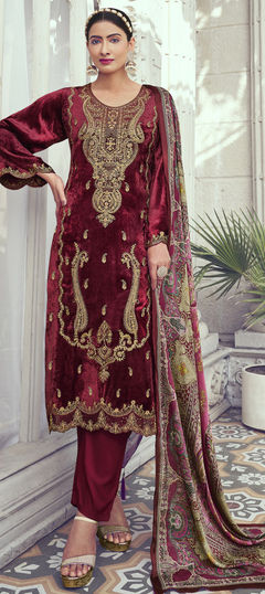 Red and Maroon color Salwar Kameez in Velvet fabric with Embroidered, Thread, Zari work