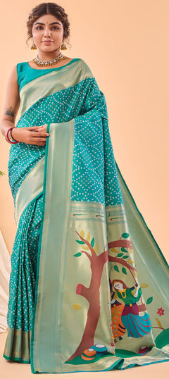 Blue color Saree in Silk fabric with Bandhej, Printed, Weaving, Zari work