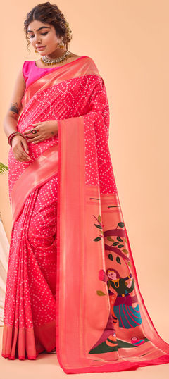 Pink and Majenta color Saree in Silk fabric with Bandhej, Printed, Weaving, Zari work