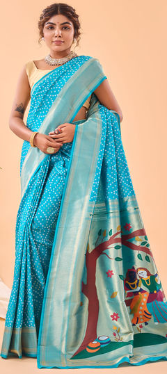 Blue color Saree in Silk fabric with Bandhej, Printed, Weaving, Zari work