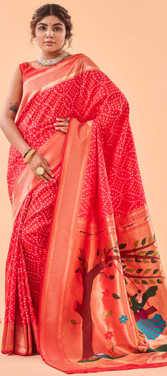 Red and Maroon color Saree in Silk fabric with Bandhej, Printed, Weaving, Zari work