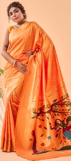 Orange color Saree in Silk fabric with Bandhej, Printed, Weaving, Zari work