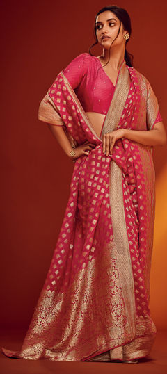 Pink and Majenta color Saree in Georgette fabric with Weaving work