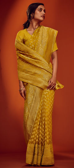 Yellow color Saree in Georgette fabric with Weaving work