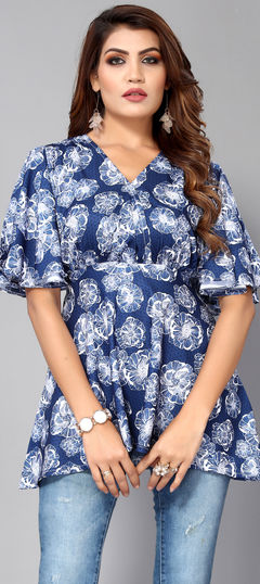 Casual Blue color Kurti in Crepe Silk fabric with A Line Digital Print, Floral work : 1920074