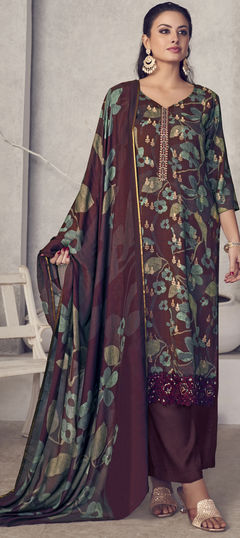 Red and Maroon color Salwar Kameez in Pashmina fabric with Digital Print, Resham, Thread, Weaving work