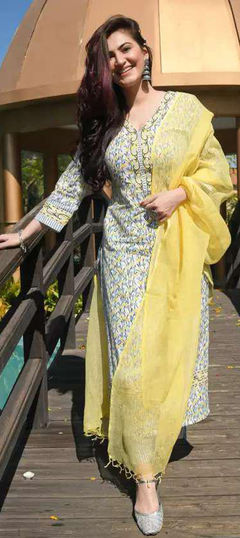 Festive, Party Wear White and Off White, Yellow color Salwar Kameez in Cotton fabric with Straight Printed work : 1920225