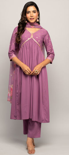 Purple and Violet color Salwar Kameez in Crepe Silk fabric with Floral, Printed work