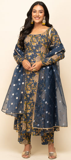 Blue color Salwar Kameez in Cotton fabric with Floral, Printed work