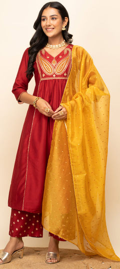 Red and Maroon color Salwar Kameez in Blended, Silk fabric with Embroidered, Resham work