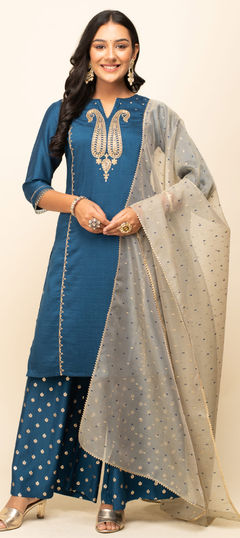 Blue color Salwar Kameez in Blended, Silk fabric with Embroidered, Resham work