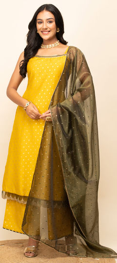 Yellow color Salwar Kameez in Blended, Silk fabric with Stone, Zari work