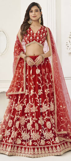 Red and Maroon color Lehenga in Net fabric with Embroidered, Sequence, Thread work