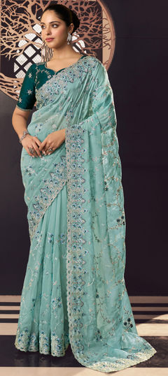 Blue color Saree in Georgette, Silk fabric with Embroidered, Resham, Sequence, Thread work