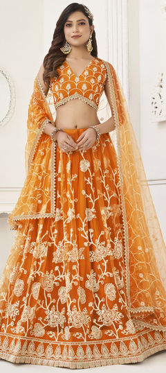 Festive, Party Wear, Wedding Yellow color Lehenga in Net fabric with Flared Embroidered, Sequence, Thread work : 1920315