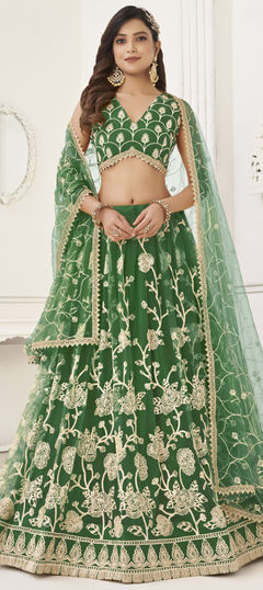 Green color Lehenga in Net fabric with Embroidered, Sequence, Thread work