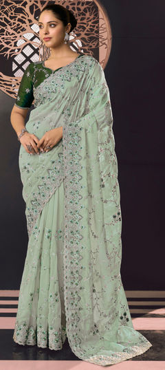 Green color Saree in Georgette, Silk fabric with Embroidered, Resham, Sequence, Thread work