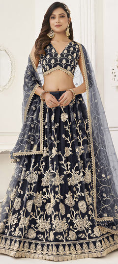 Festive, Party Wear, Wedding Blue color Lehenga in Net fabric with Flared Embroidered, Sequence, Thread work : 1920321