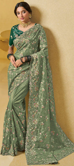 Green color Saree in Net fabric with Embroidered, Resham, Sequence, Thread work