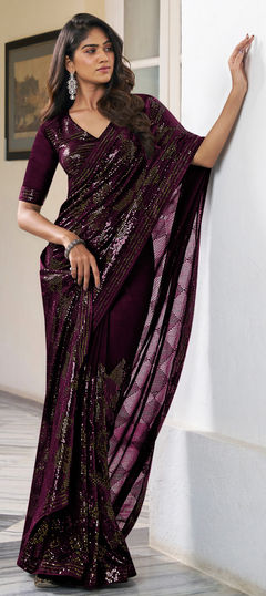 Purple and Violet color Saree in Georgette fabric with Embroidered, Resham, Sequence, Thread work