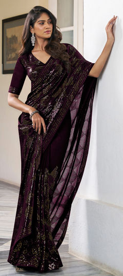 Purple and Violet color Saree in Georgette fabric with Embroidered, Resham, Sequence, Thread work