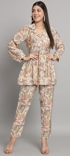 Casual, Summer Beige and Brown, Black and Grey color Co-ords Set in Muslin fabric with Floral, Printed work : 1920611