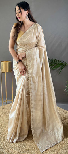 Beige and Brown color Saree in Silk fabric with Embroidered, Resham, Sequence work