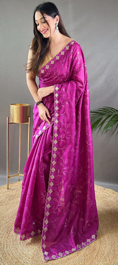 Purple and Violet color Saree in Silk fabric with Embroidered, Resham, Sequence work