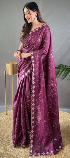 Purple and Violet color Saree in Silk fabric with Embroidered, Resham, Sequence work