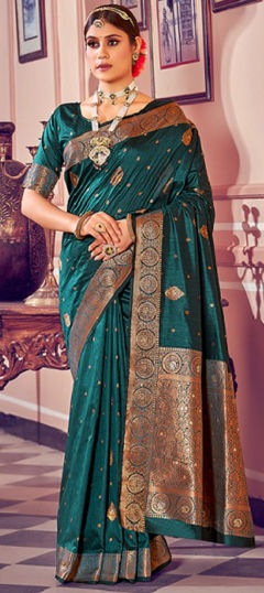 Green color Saree in Banarasi Silk fabric with Weaving, Zari work