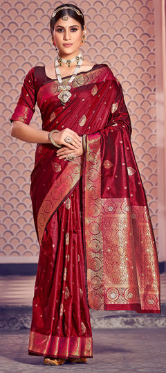 Red and Maroon color Saree in Banarasi Silk fabric with Weaving, Zari work