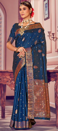 Blue color Saree in Banarasi Silk fabric with Weaving, Zari work