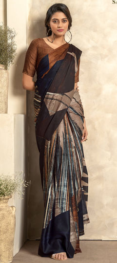 Multicolor color Saree in Satin Silk fabric with Digital Print, Weaving work