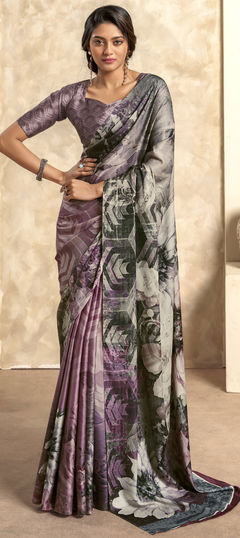 Multicolor color Saree in Satin Silk fabric with Digital Print, Weaving work