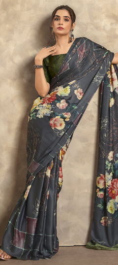 Multicolor color Saree in Satin Silk fabric with Digital Print, Weaving work