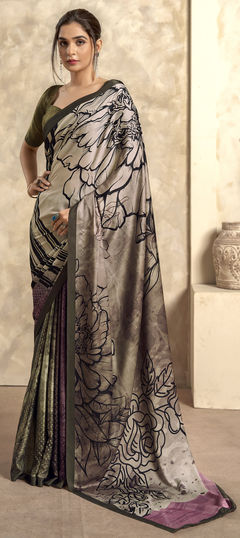 Multicolor color Saree in Satin Silk fabric with Digital Print, Weaving work