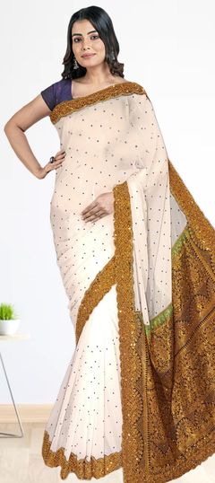 White and Off White color Saree in Georgette fabric with Embroidered work