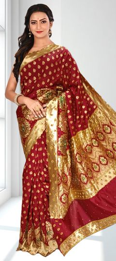 Red and Maroon color Saree in Kanjeevaram Silk fabric with Embroidered work