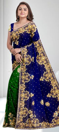 Blue, Green color Saree in Georgette fabric with Embroidered work