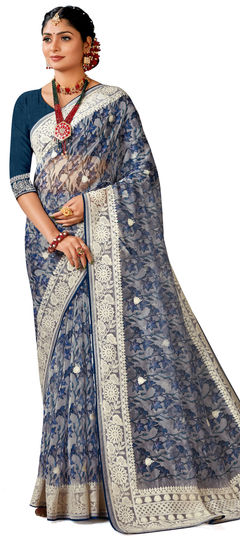 Blue color Saree in Organza Silk fabric with Digital Print, Embroidered, Resham, Thread work