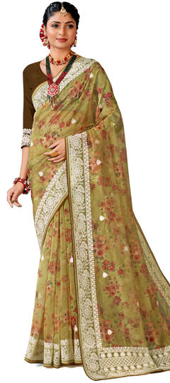 Green color Saree in Organza Silk fabric with Digital Print, Embroidered, Resham, Thread work