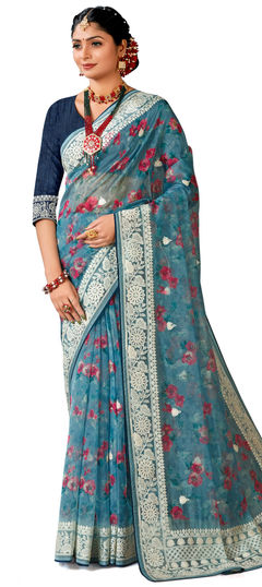 Blue color Saree in Organza Silk fabric with Digital Print, Embroidered, Resham, Thread work