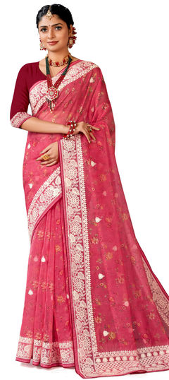 Pink and Majenta color Saree in Organza Silk fabric with Digital Print, Embroidered, Resham, Thread work