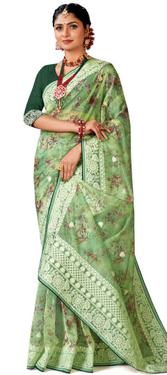 Green color Saree in Organza Silk fabric with Digital Print, Embroidered, Resham, Thread work