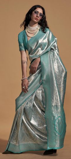 Blue color Saree in Kanjeevaram Silk fabric with Weaving work