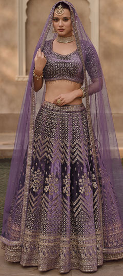 Festive, Reception, Wedding Purple and Violet color Ready to Wear Lehenga in Lycra, Viscose fabric with Flared Embroidered, Resham, Sequence, Thread work : 1921025