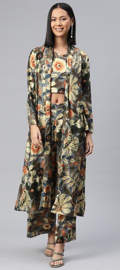 Beige and Brown, Black and Grey color Co-ords Set in Muslin fabric with Printed work
