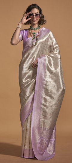 Beige and Brown, Purple and Violet color Saree in Kanjeevaram Silk fabric with Weaving work