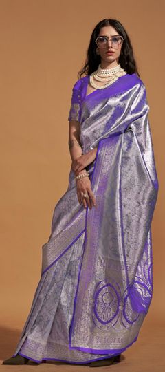 Purple and Violet color Saree in Kanjeevaram Silk fabric with Weaving work